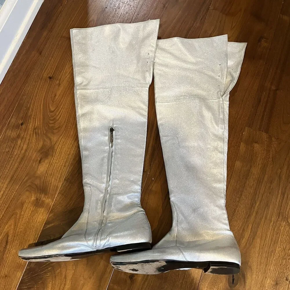 John Richmond Over The Knee Silver Leather Boots Size 38 EU / 7.5 US